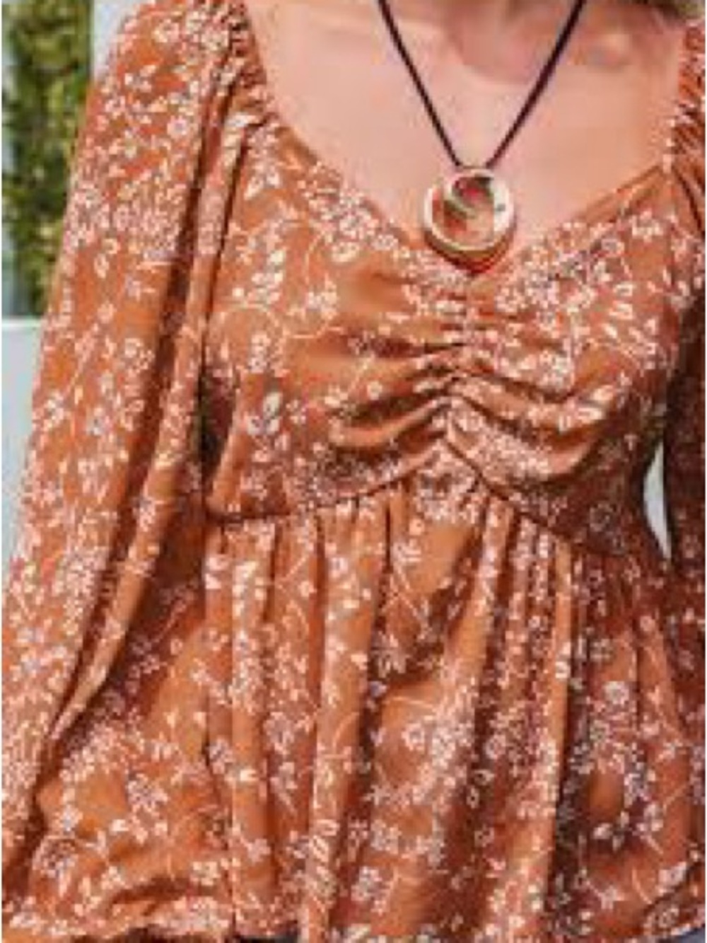 Cupshe‎ Rust Floral Ruched V-Neck Peasant Blouse